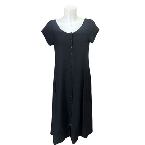 Eileen Fisher Black Scoop Neck Short Sleeve Shift Dress Button Down Classic sz S - Picture 1 of 9